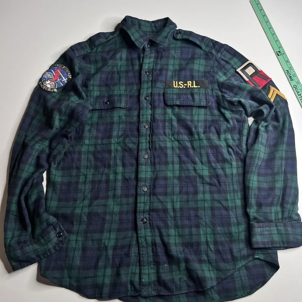 Polo Ralph Lauren Shirt Mens M Green Plaid Flannel Long Sleeve Military Patches
